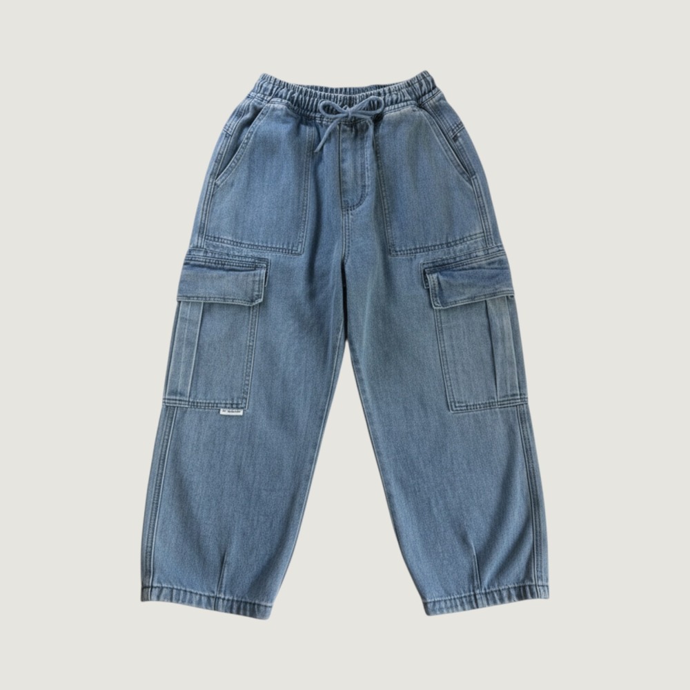 IN.adambo Light Wash Denim Cargo Pants Elastic Waist Utility barrel Jeans Blue